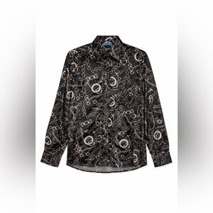 Vintage Men’s Thierry Mugler Paris Chain Print Shirt Black Satin Button